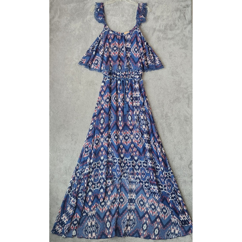 Takara Dress Womens Medium Blue Ikat Cold Shoulder Ruffle Tassel Maxi Boho